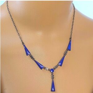Vintage Lapis Lazuli Sterling Silver Station Bib Necklace Geometric Mid-Century